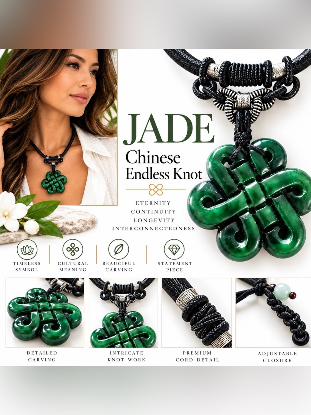 Carved Jade Chinese Artisan Endless Knot Statement Necklace